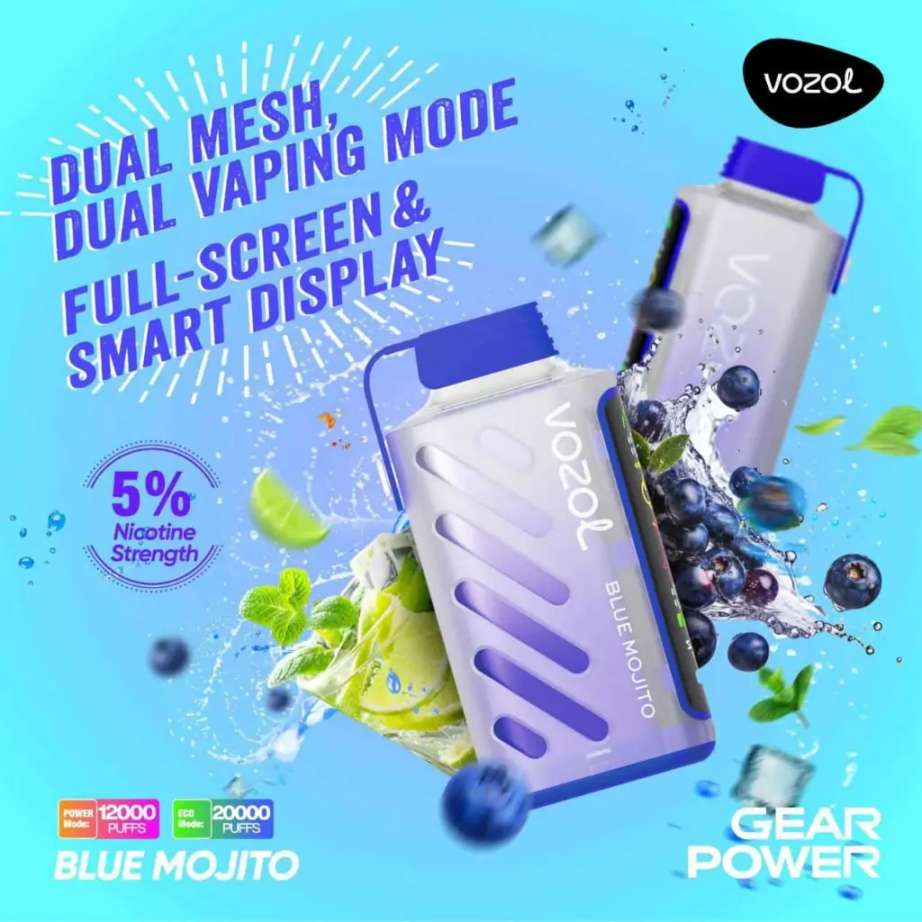 Vozol Gear 20K Puff 50mg Blue Mojito – Long-lasting Disposable Vape with 20,000 Puffs & USB-C Rechargeable."