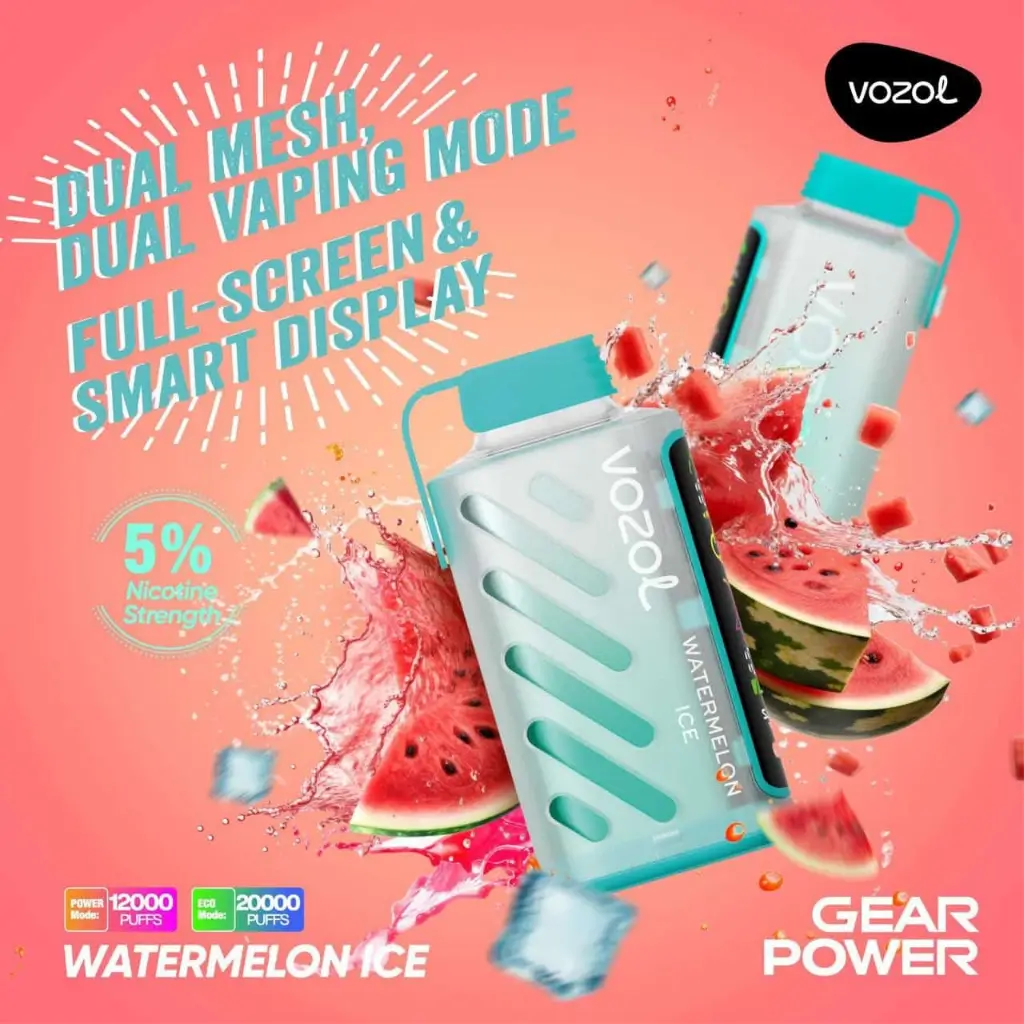 Vozol Gear 20K Puff 50mg Watermelon Ice – Long-lasting Disposable Vape with 20,000 Puffs & USB-C Rechargeable