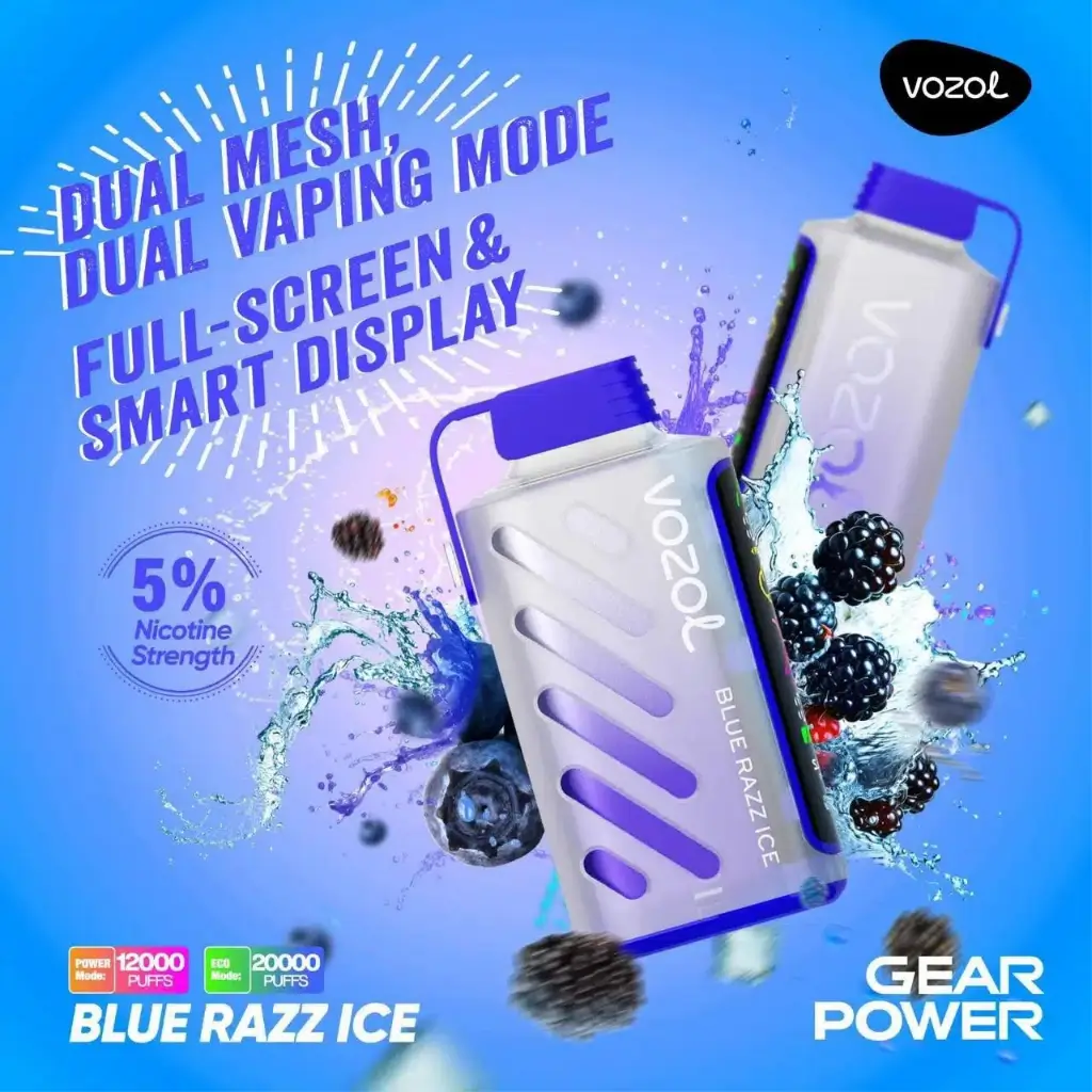 Vozol Gear 20K Puff 50mg Blue Razz Ice – Long-lasting Disposable Vape with 20,000 Puffs & USB-C Rechargeable