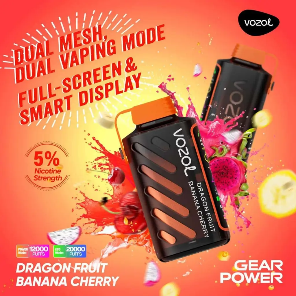 Vozol Gear 20K Puff 50mg Dragon Fruit Banana Cherry – Long-lasting Disposable Vape with 20,000 Puffs & USB-C Rechargeable